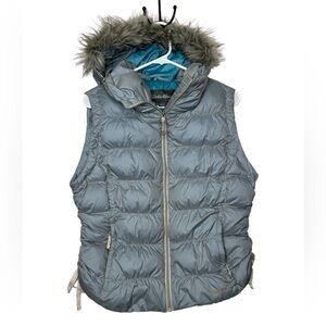 Eddie Bauer Women’s Blue Puffer Vest Goose Down Detachable Faux Fur Hood Size L
